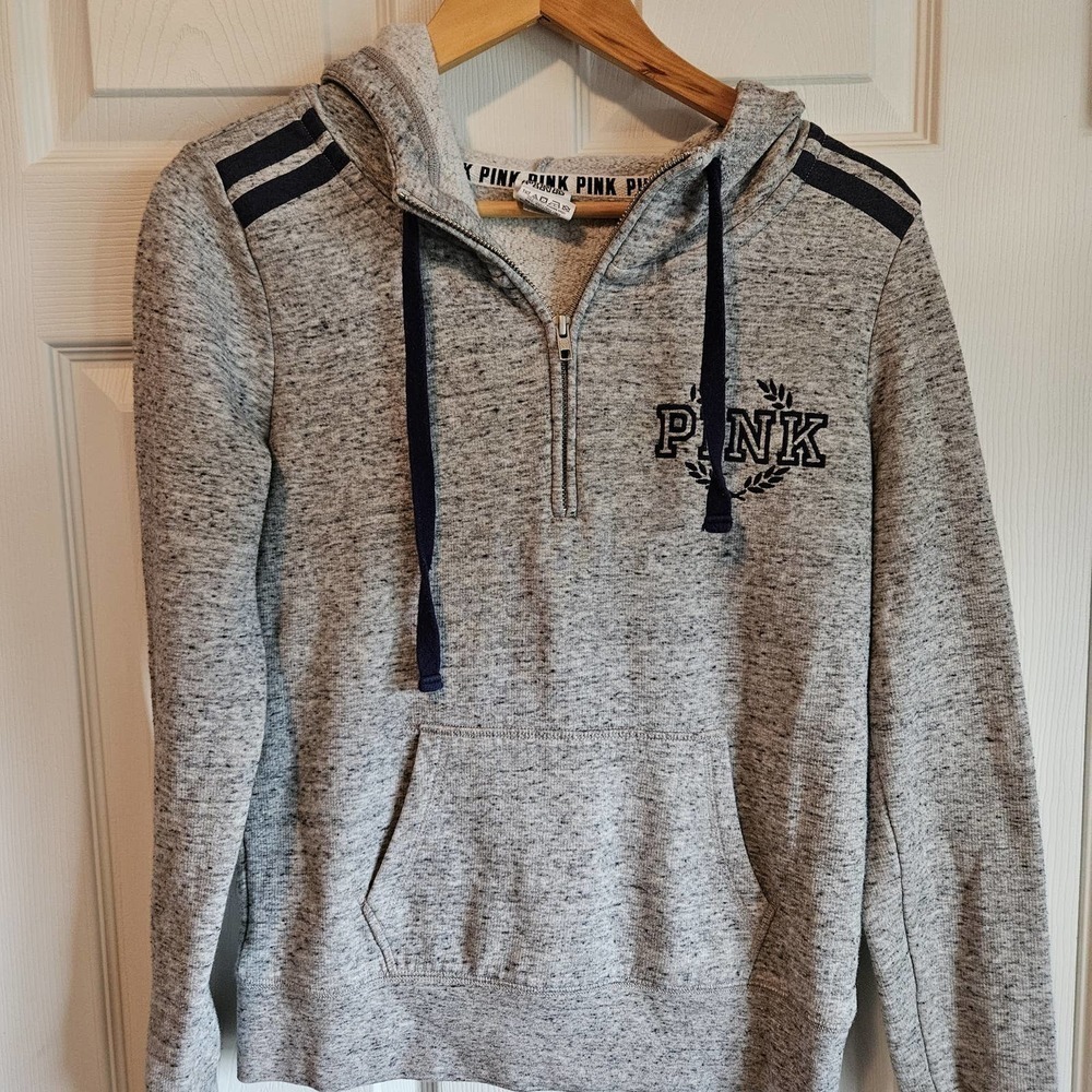 VGUC Victoria's Secret PINK quarter zip hooded sweatshirt Size small gray navy‎